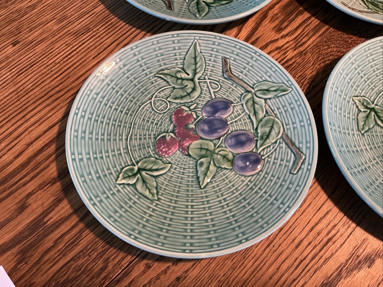 Set Of SIX Majolica Plates Teal Aqua Raspberry Plumb 2230 B Germany Weave 7.75”