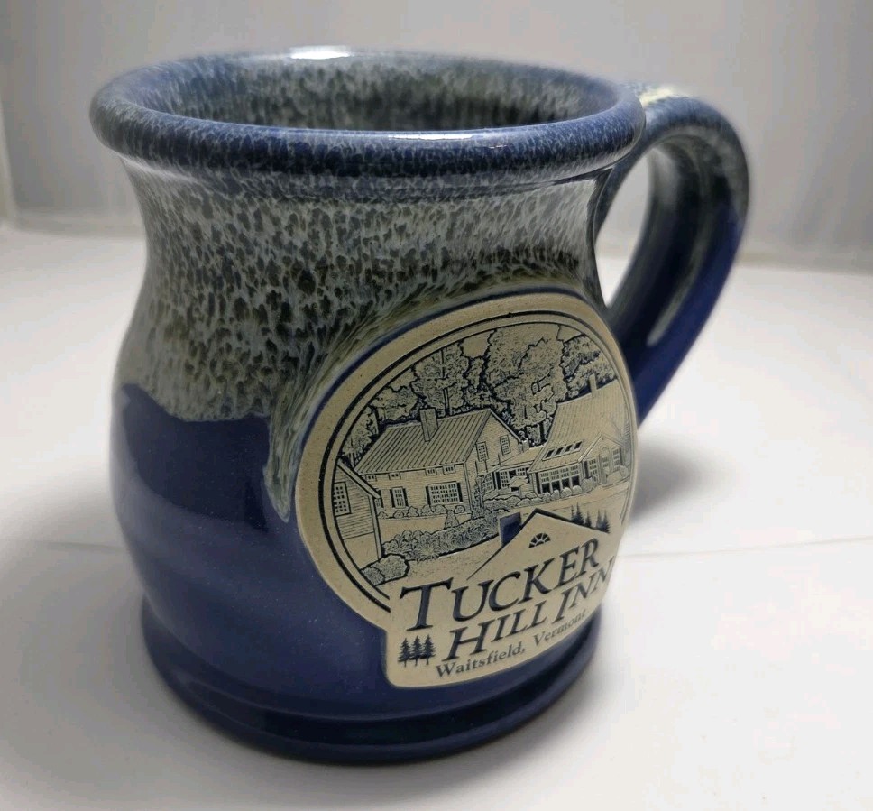 Deneen Pottery Mug Tucker Hill Inn Waitsfield VT Blue Beige Hand Thrown USA