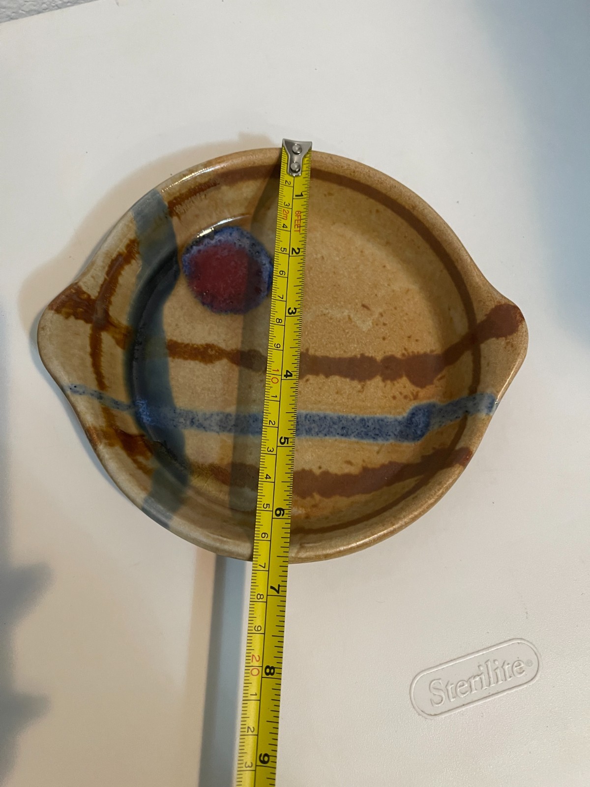Vintage SIGNED WALT GLASS Studio Pottery Double HANDLED Dish Bowl- 6.5in x 7.2in