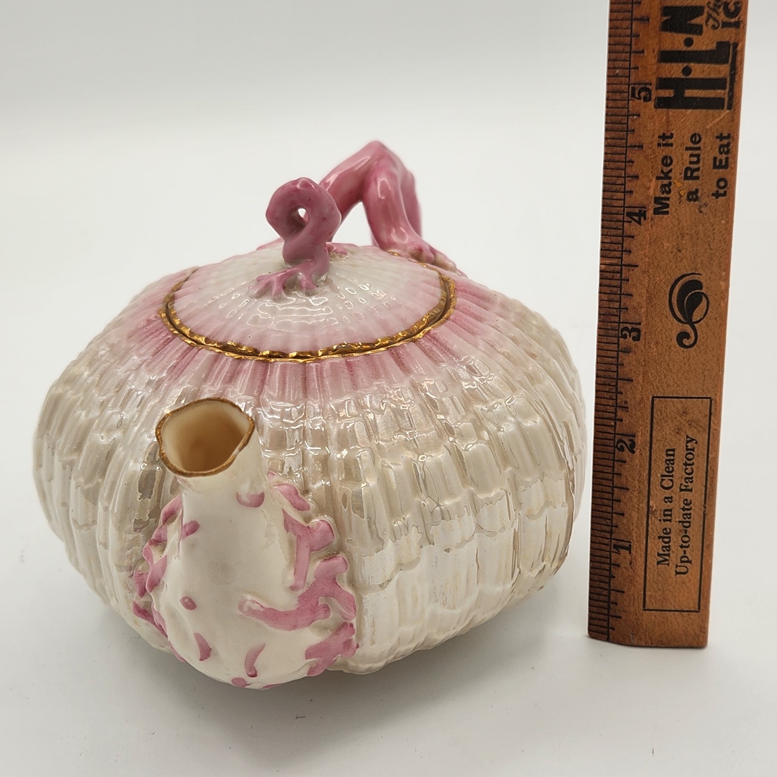 Antique Belleek Tridacna Teapot Pink Gold 1st Black Mark 1880