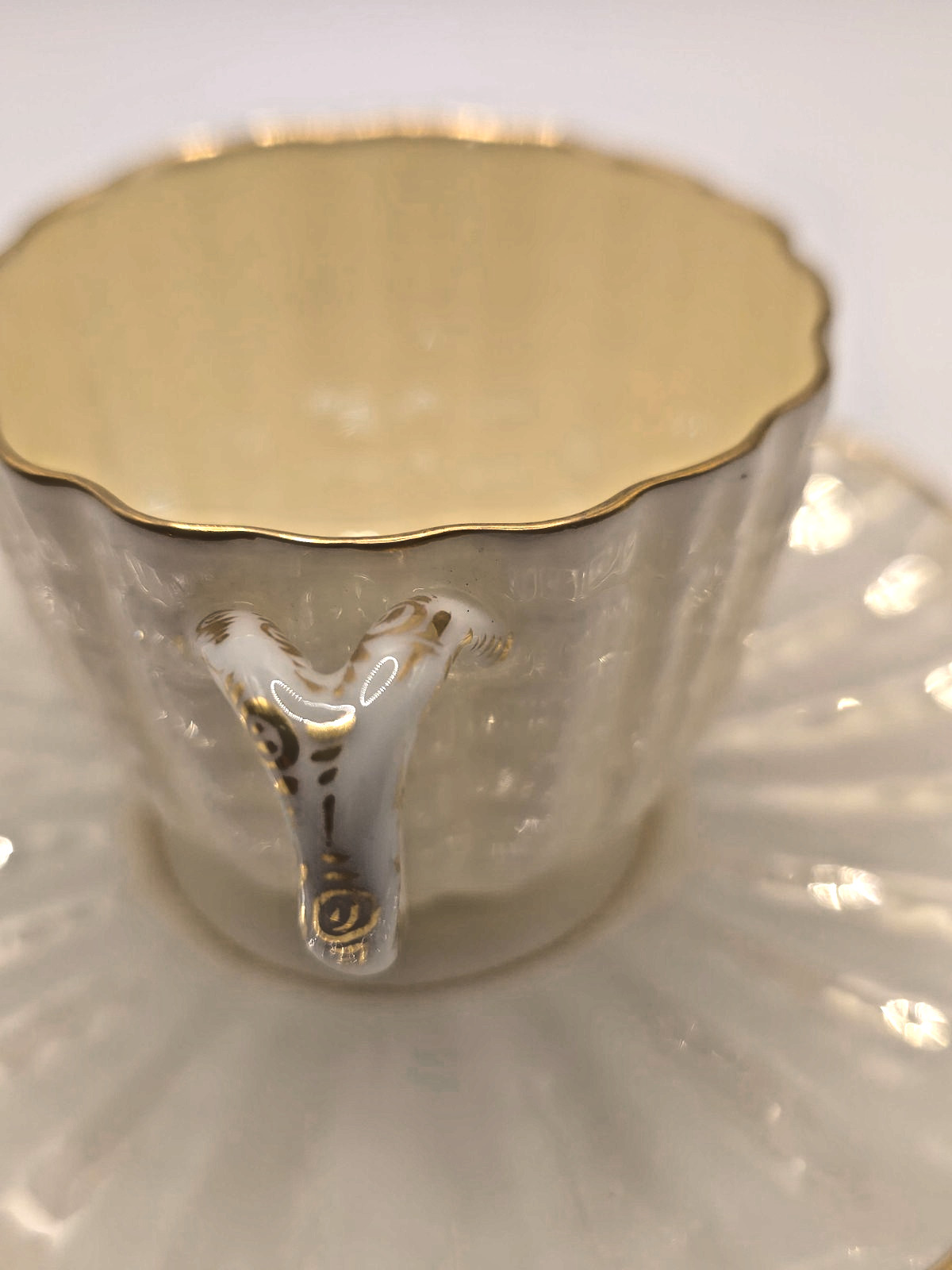 American Belleek Trenton NJ Demitasse Cup Saucer White Lustre Gold Gilt Antique