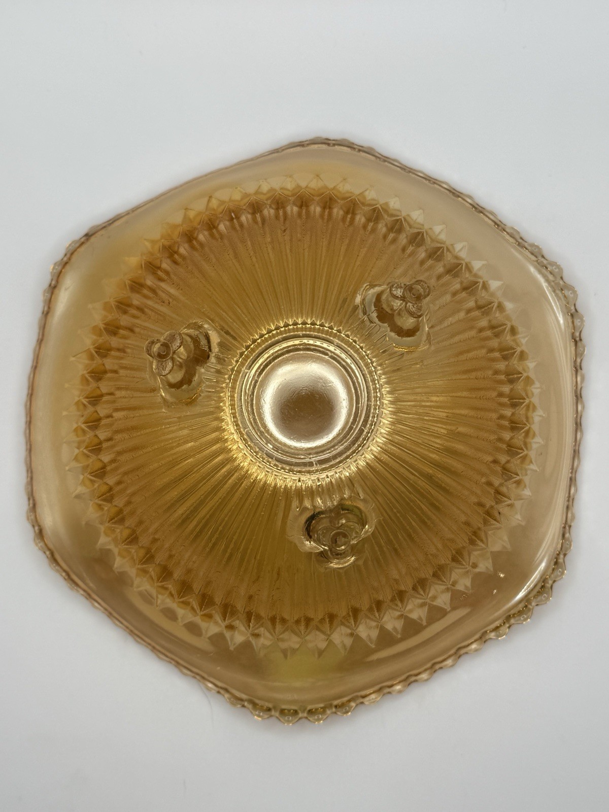 Vintage Carnival Glass Jeanette Glass 3 Footed Marigold ‘Anniversary’ Bowl 6.5”