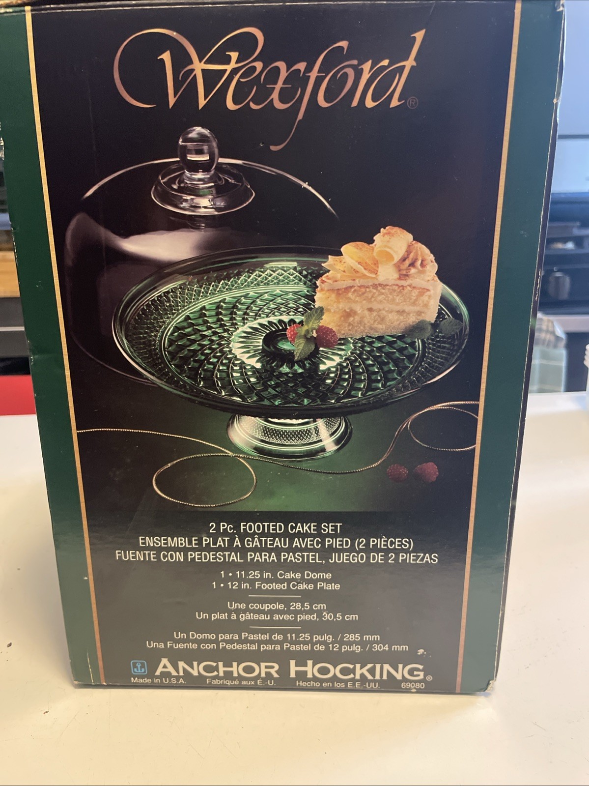 Anchor Hocking Vintage Wexford Glass Emerald Green Footed Cake Set w/Box