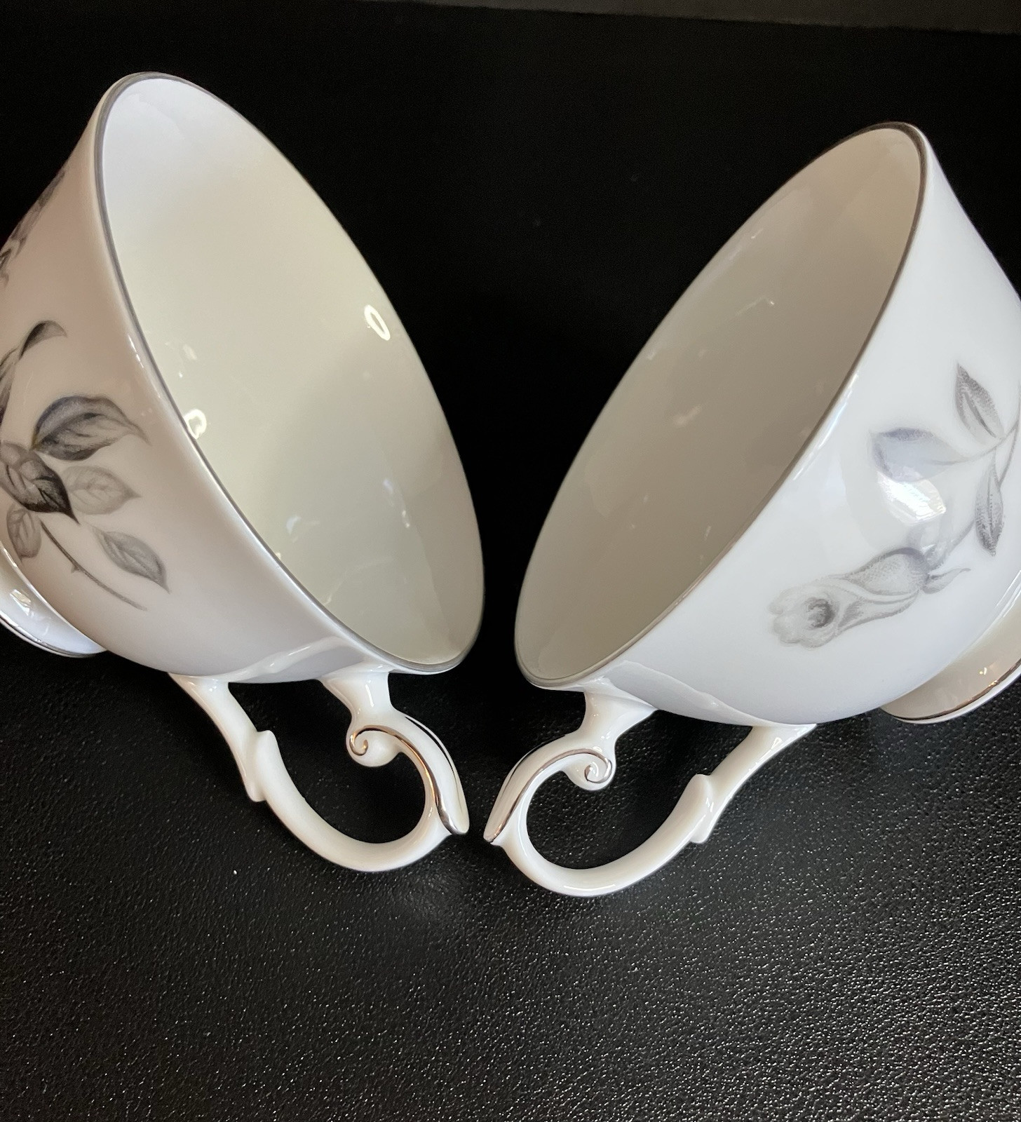 Yamaka Fine China, Nocturne Gray Rose, 2 sets of Cups & Saucers, Platinum Rim