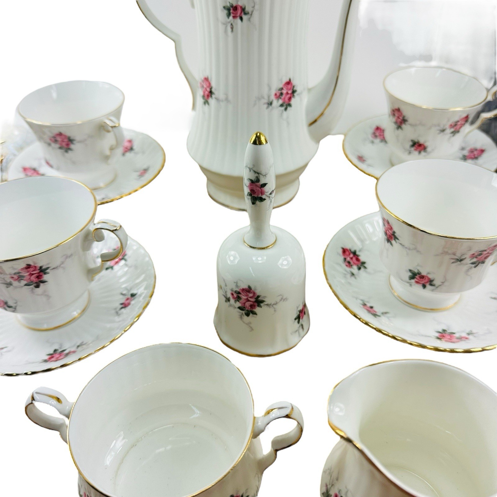Princess Hammrsley Fine Bone China Tea Pot Creamer Sugar 4 Teacups Suacers Bell