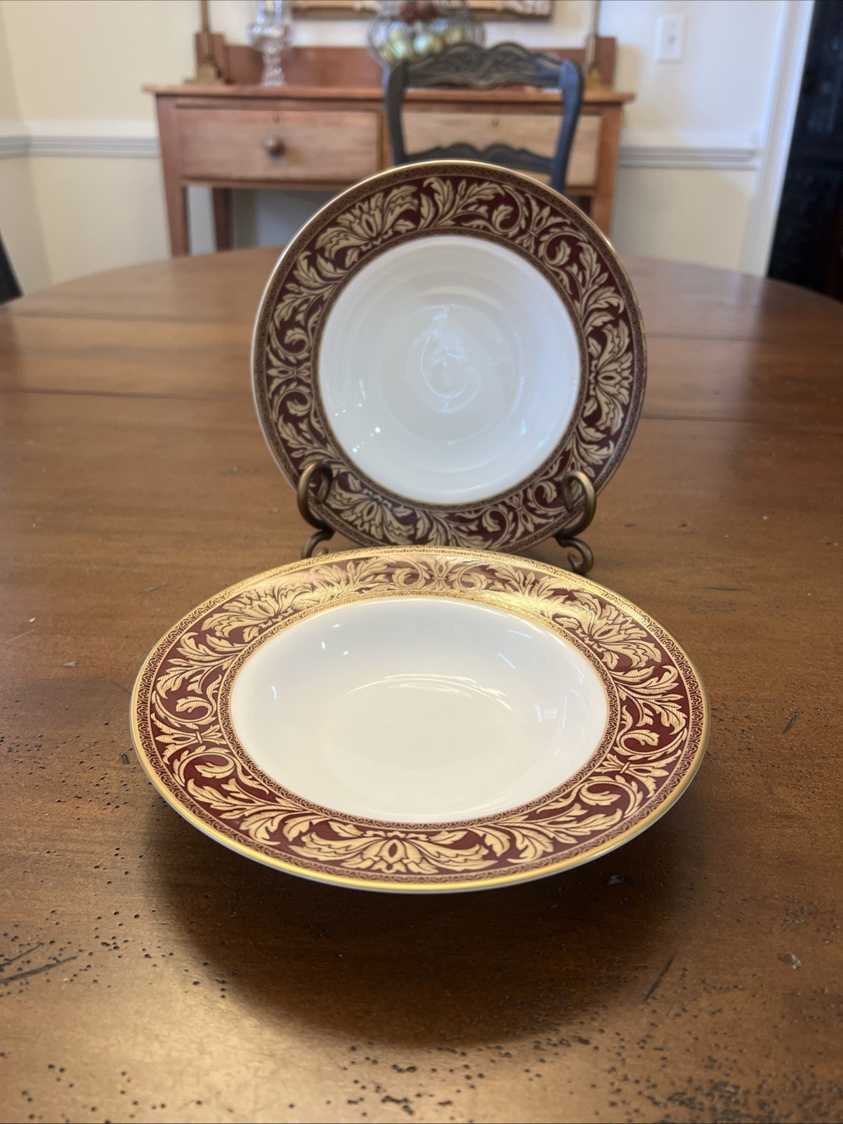 Royal Doulton Bone China “Tennyson” 1996 England 6 Rim Soup Bowls 8¼” Disc. EUC