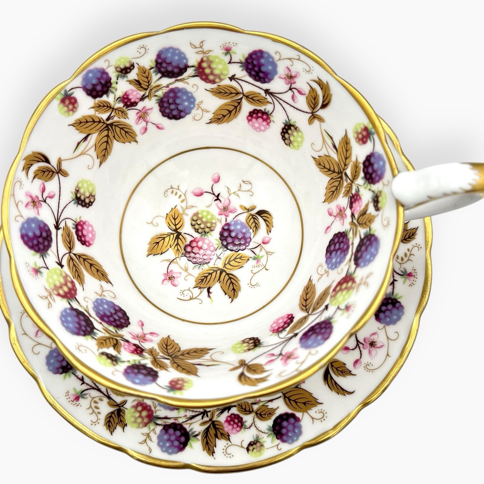 Vintage Royal Stafford Golden Bramble Berries Footed Tea Cup Saucer Gold MINT