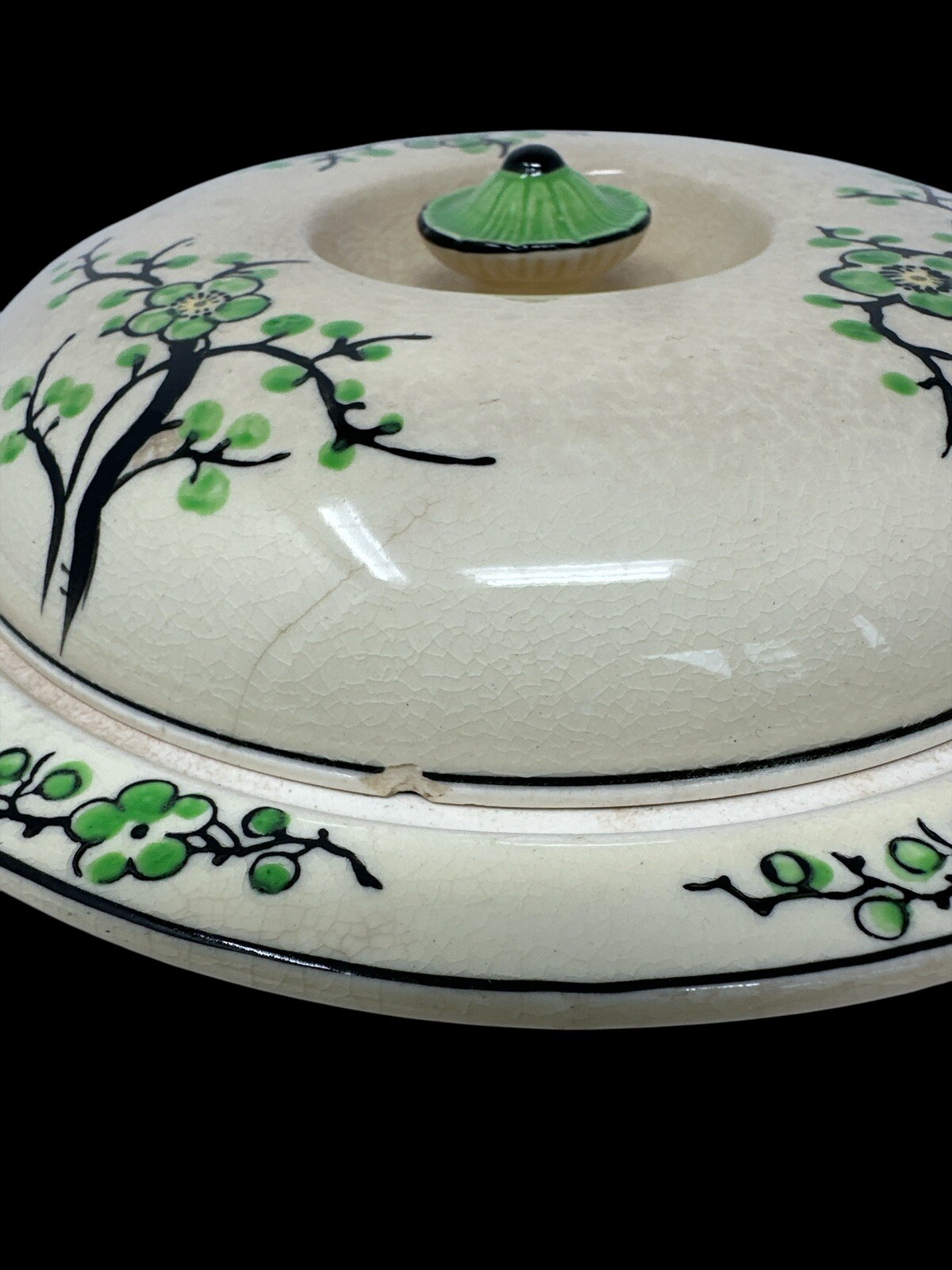 Vintage 1930s MORIYAMA Ceramic Covered Divided Platter Hand Painted Green Flora