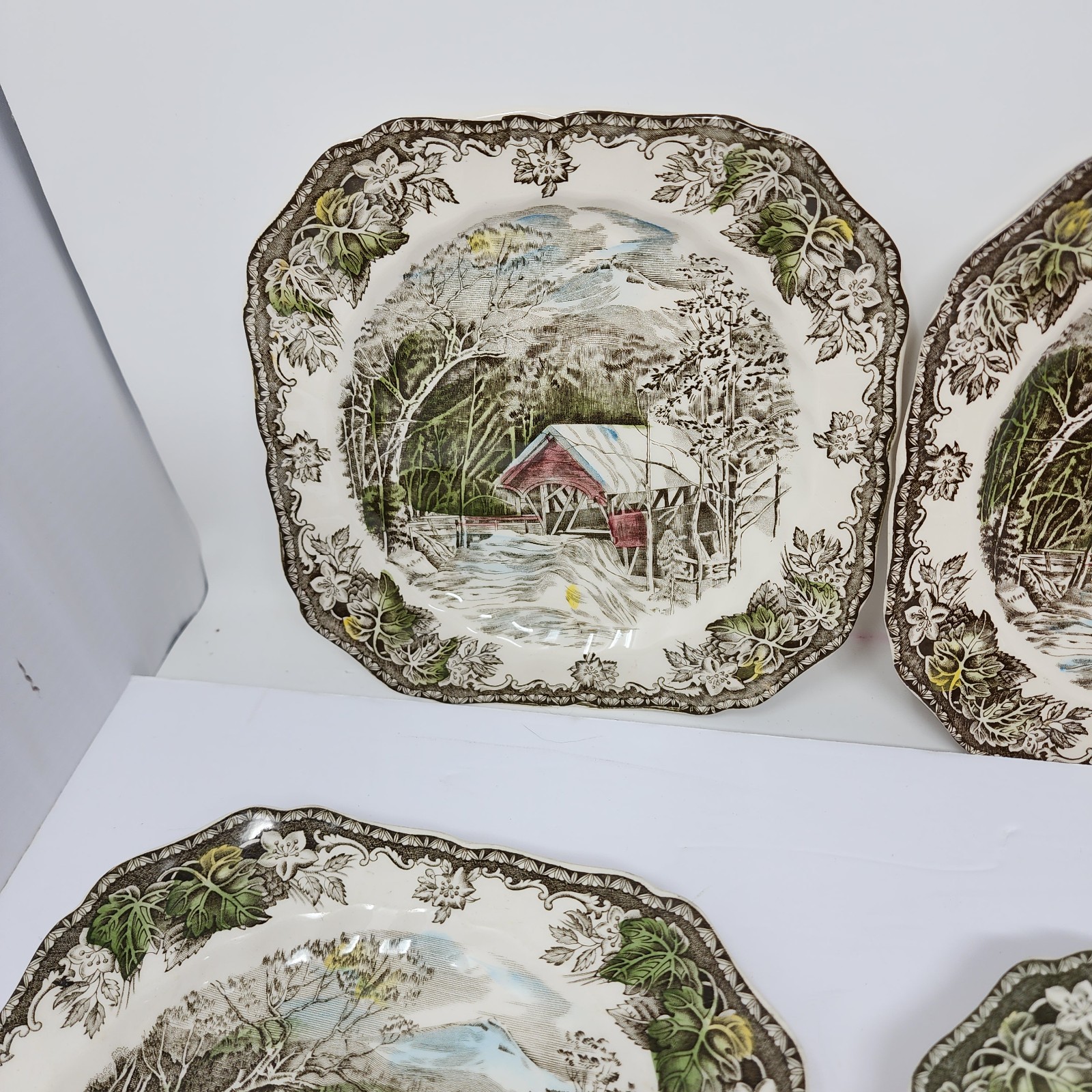 Friendly Village Johnson Brothers Covered Bridge Square Salad Dessert Plates Set