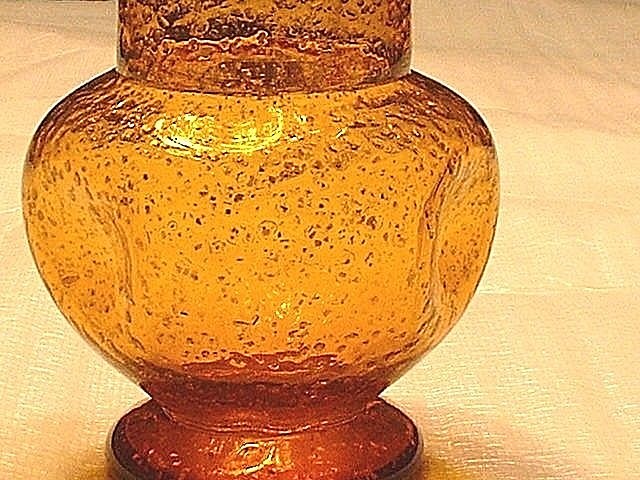 Antique Victorian Amber Spangle Glass Pinched Sided Vase With Silver Flakes