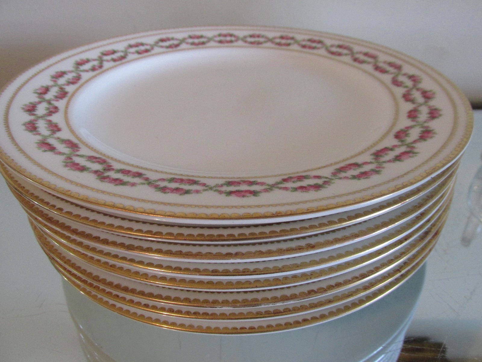 8 Antique English 9″ PLATES Pink ROSE GARLAND JE CALDWELL Phila Geo Jones & Sons