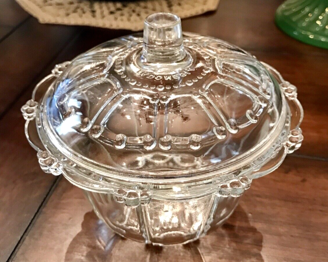 Vintage 5″ Indonesia KIG Clear Beaded Glass Dainty Candy Dish With Lid