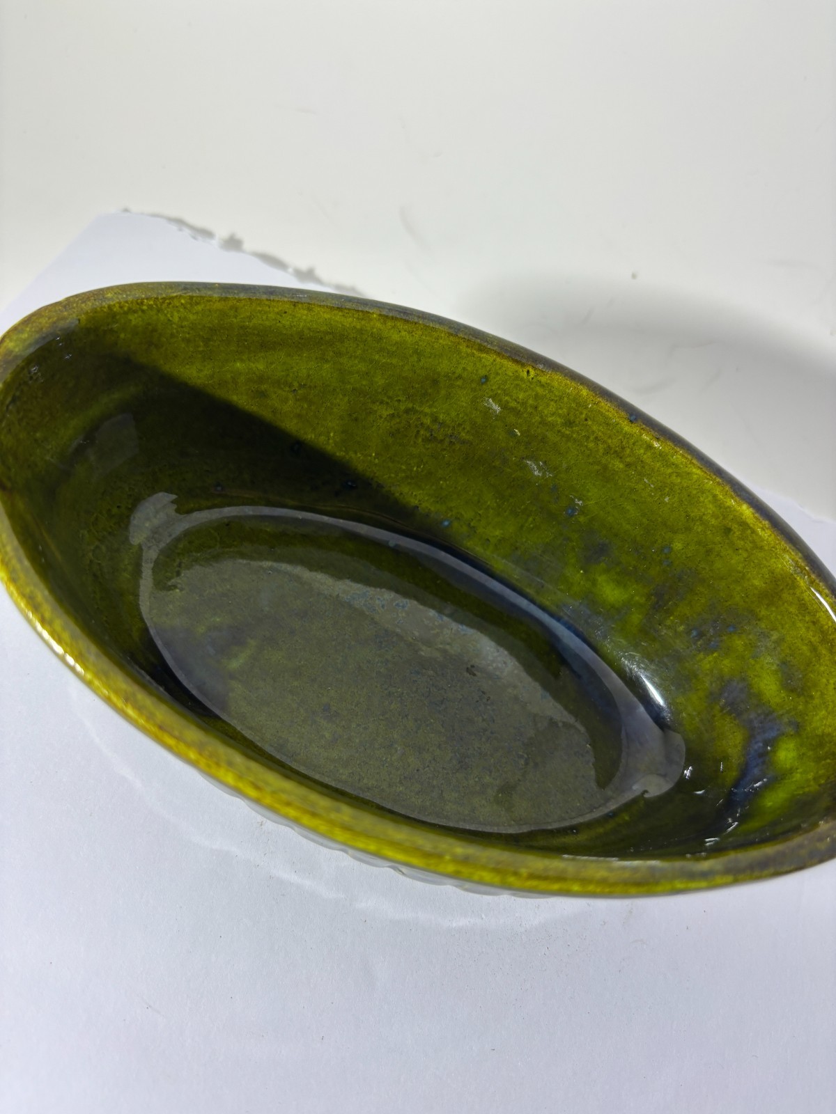 Vintage Maurice Ceramics USA 1935 Green Ribbed Oval Bowl MCM Pottery