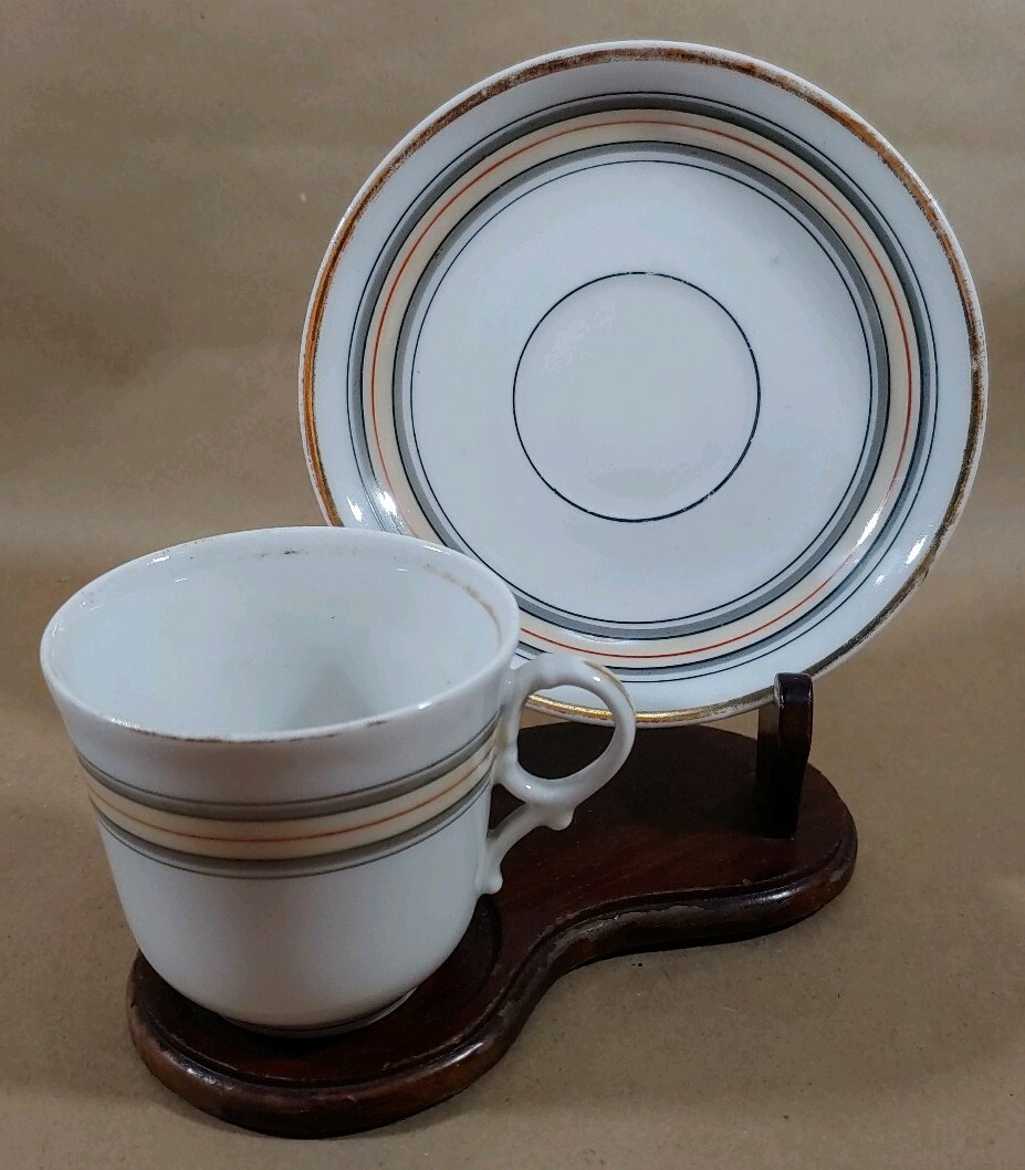 Antique KPM Tielsch Cup & Saucer Art Deco striped pattern c1890s 3.25″ h u-10F