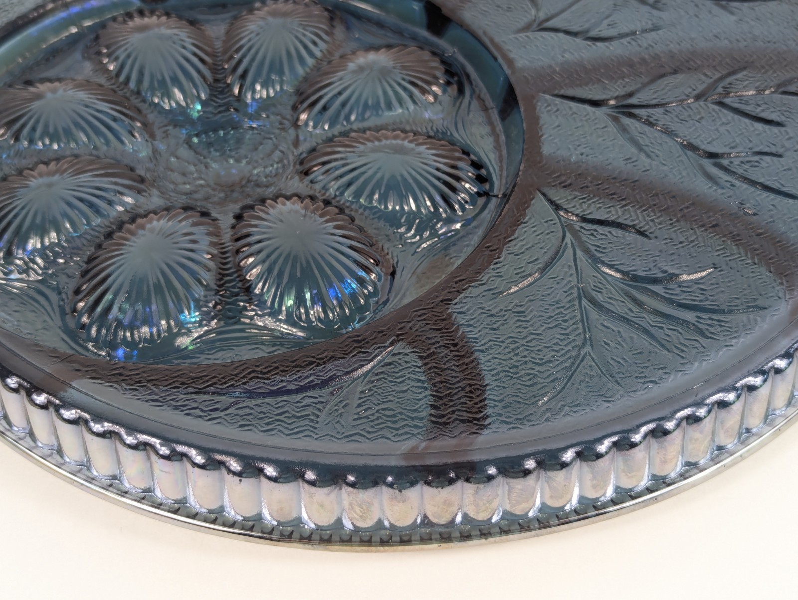 Vintage Indiana Glass Blue Carnival Deviled Egg Relish Tray Platter Iridescent