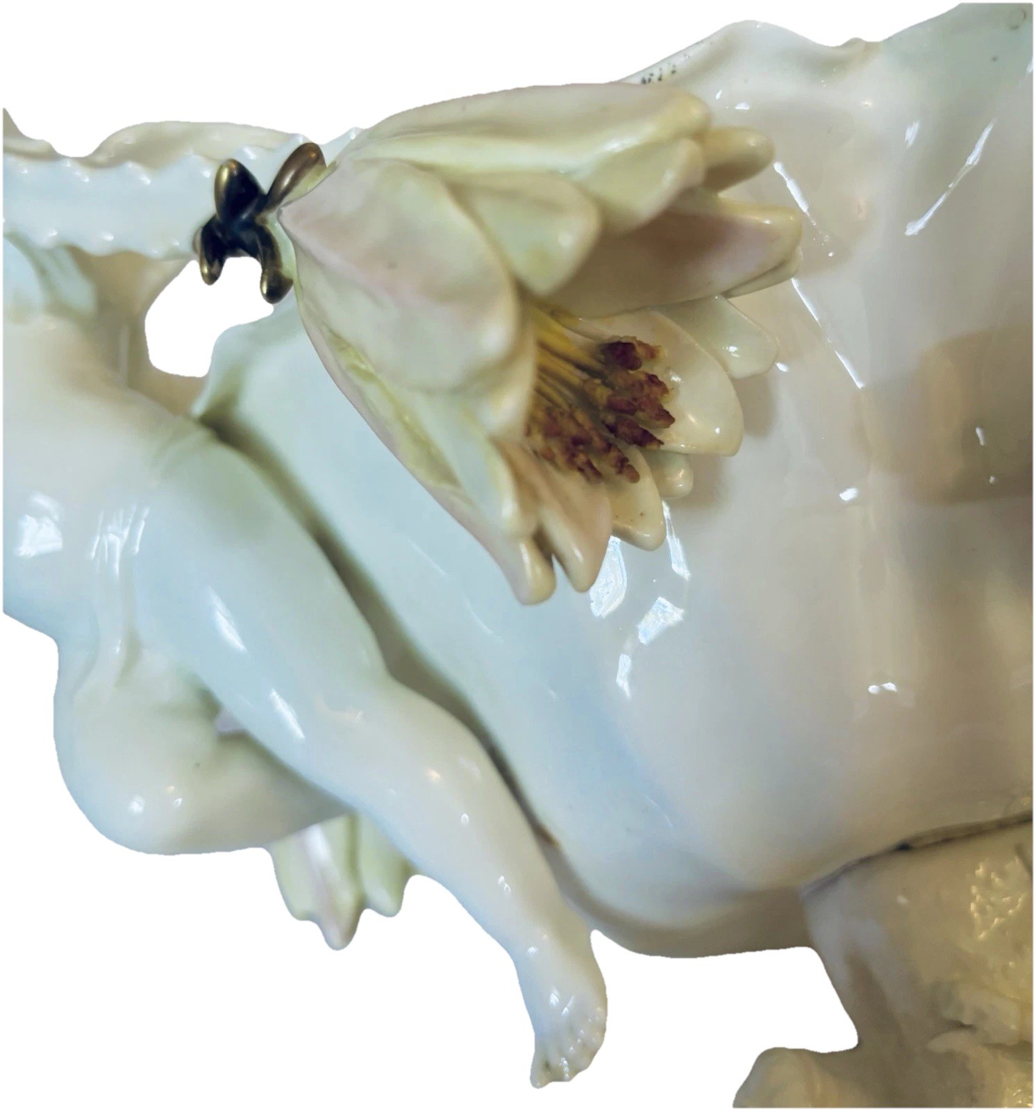 Antique Moore Bros. English Porcelain Cactus Flower Double Cherub Centerpiece
