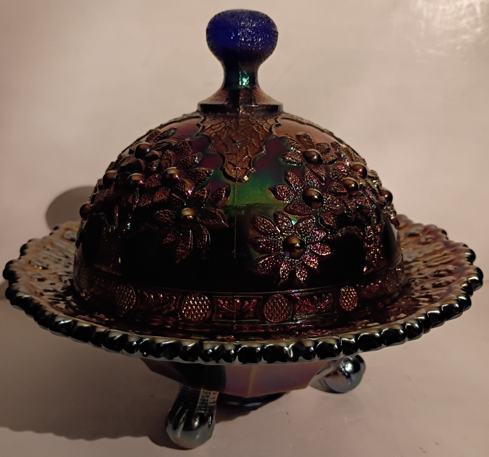 Fenton Orange Tree Blue Carnival Doomed Butter Dish 6.5″ Tall 7.25″ Dia Stunning