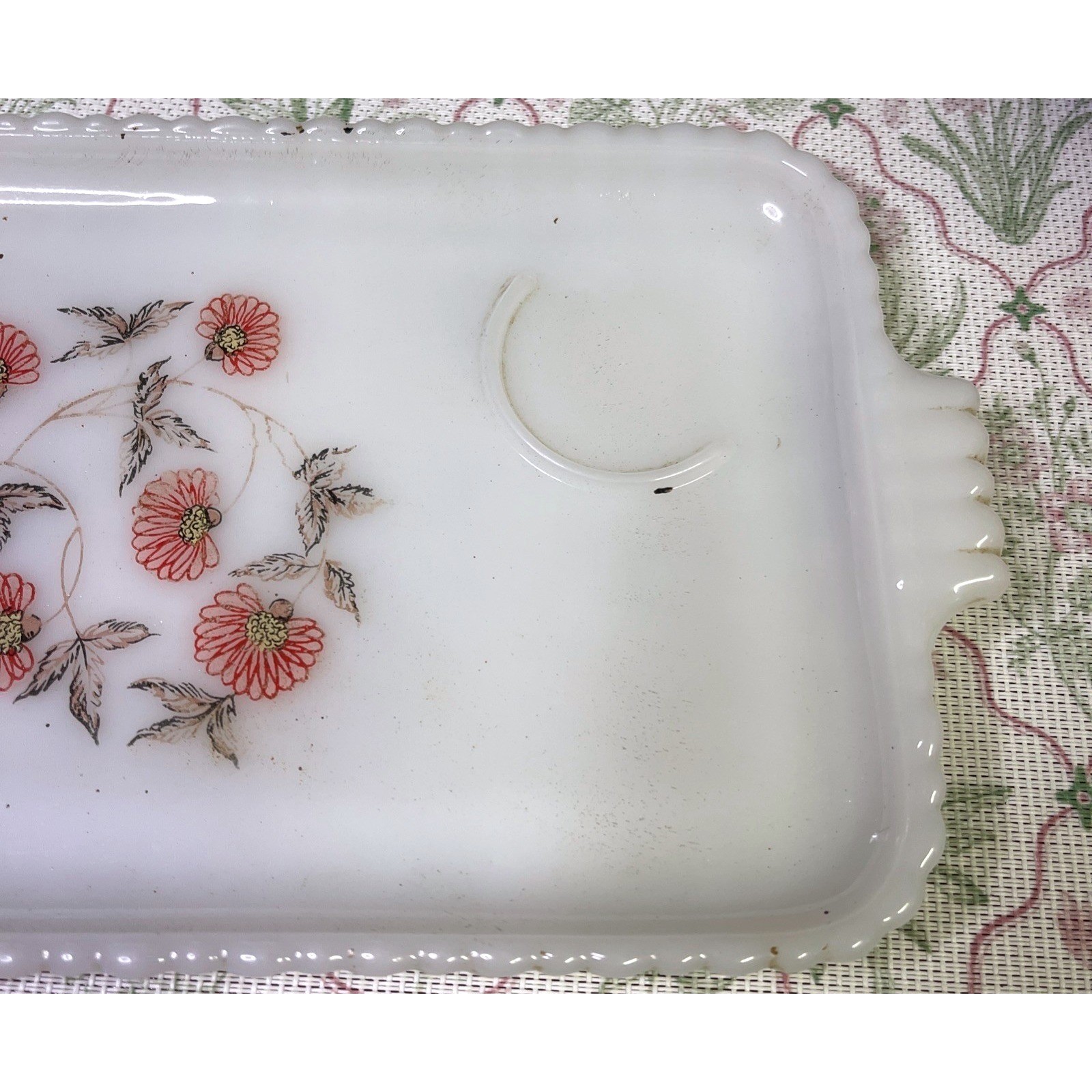 Vintage White Milk Glass Vanity Tray Pink Floral Design Rectangular 11.5″
