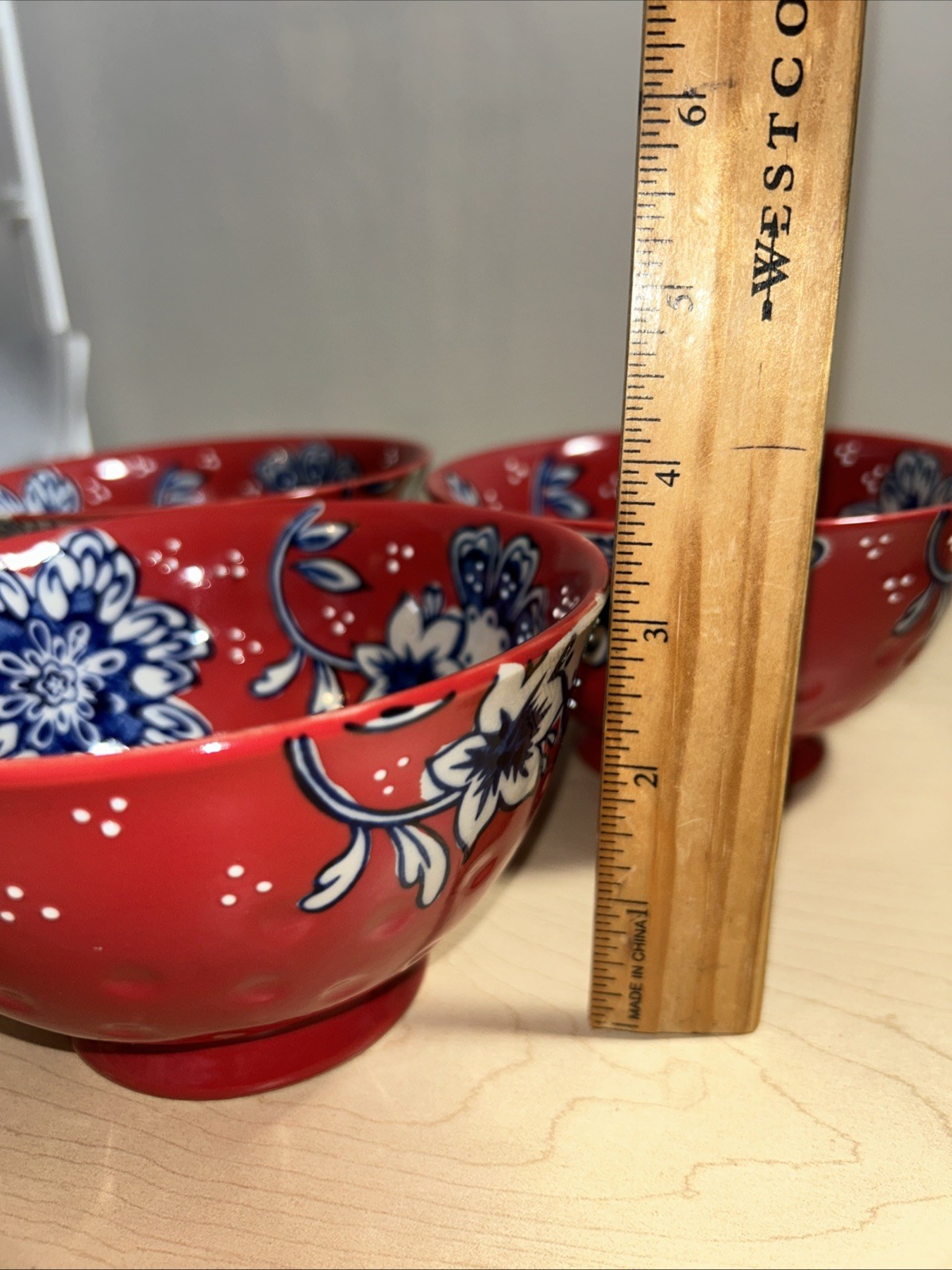 3 Yokohama Studio Hand Painted Red White Blue Flowers Rice Noodle Bowls 6″