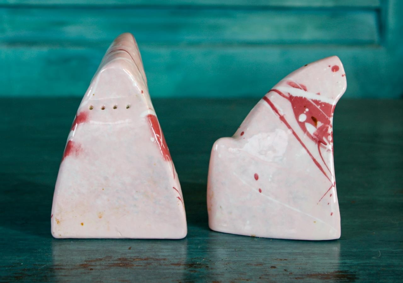 Set/2 Vintage Art Pottery Asymmetrical Fitted Pink Splatter Salt Pepper Shakers