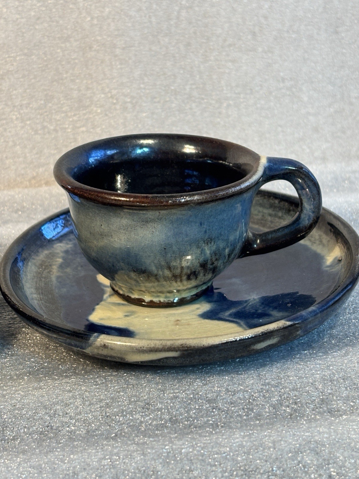 Studio Ceramic Pottery 2 cups & 2 Saucers Hand-Made Brown Blue Yellow