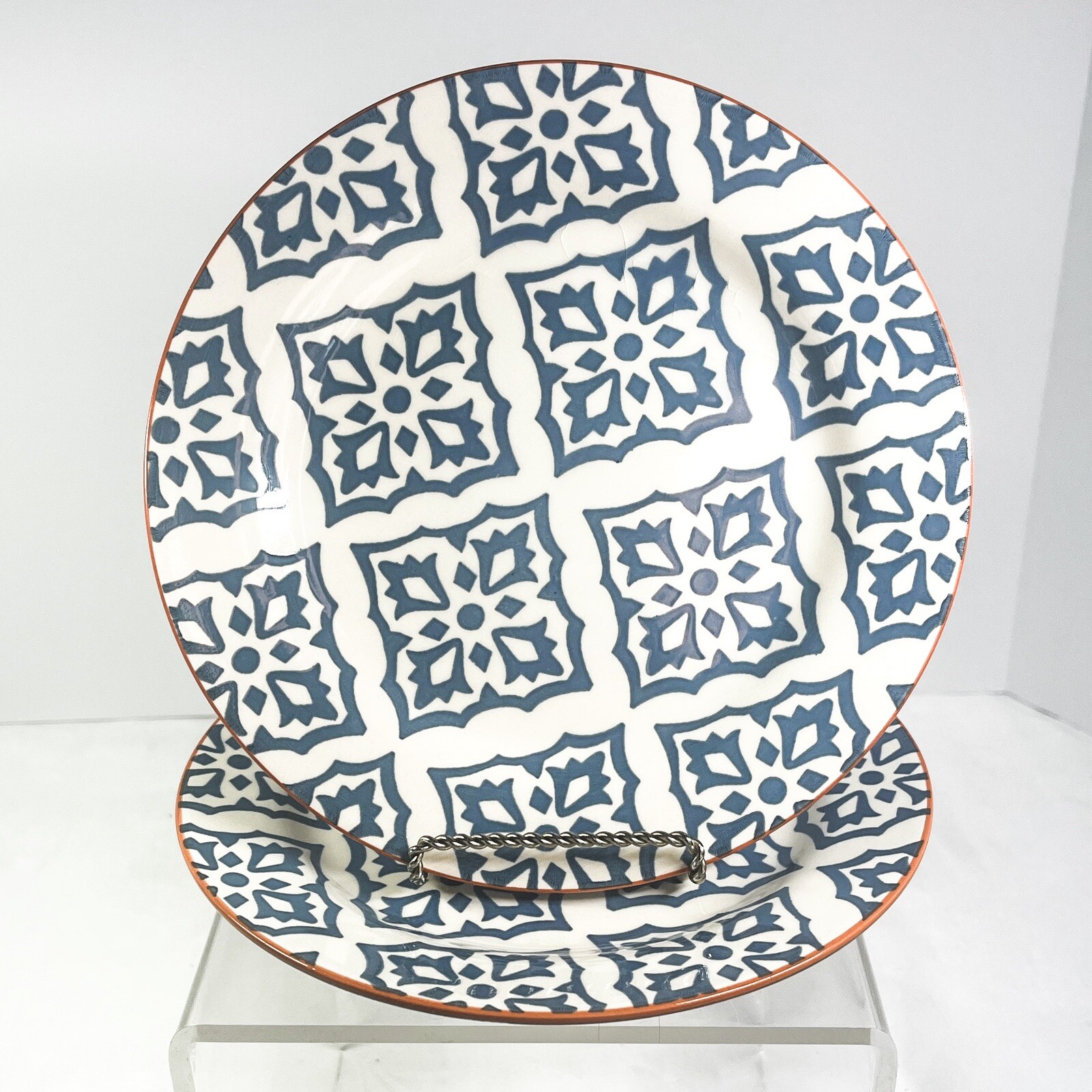 Baum Salad Plate set of Two SEVILLE blue design on off white brick Red edge 8″