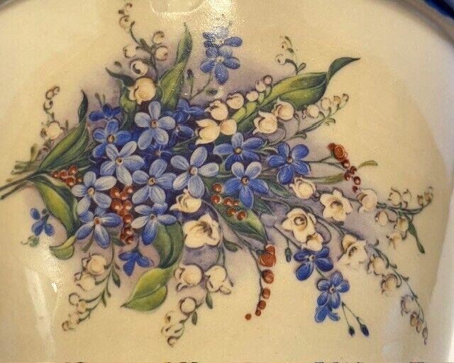 Vintage Blue Rim/Beige Blue Floral 6 Inch-(D) 3″ (H) Country Bowl/Crock/Planter