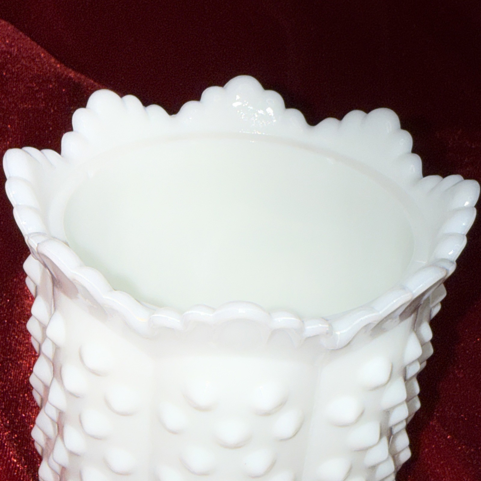 Vintage 6” Fenton 1970s Milk Glass Hobnail Jar Butterfly Lid Scalloped Edge