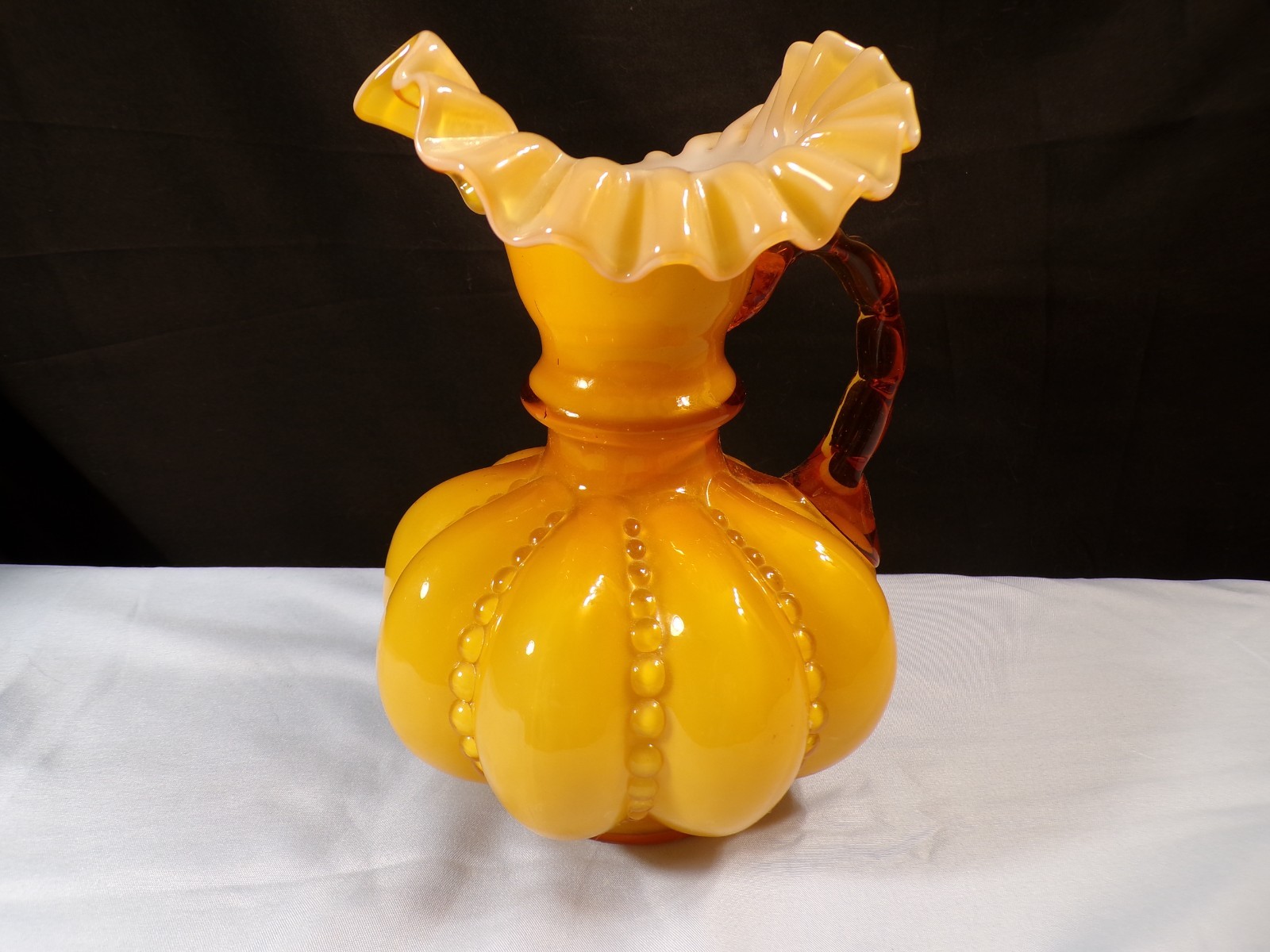 HTF Fenton Gold Overlay Cased Glass Large Beaded Melon Pitcher 7 7/8″ Tall