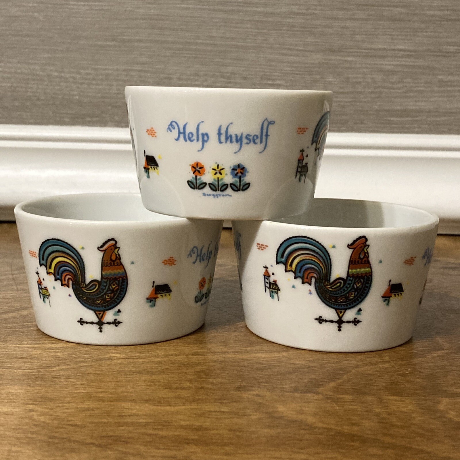 Berggren Rooster Help Thyself Cups Custard Fruit Set Of 3 Scandinavian Vintage