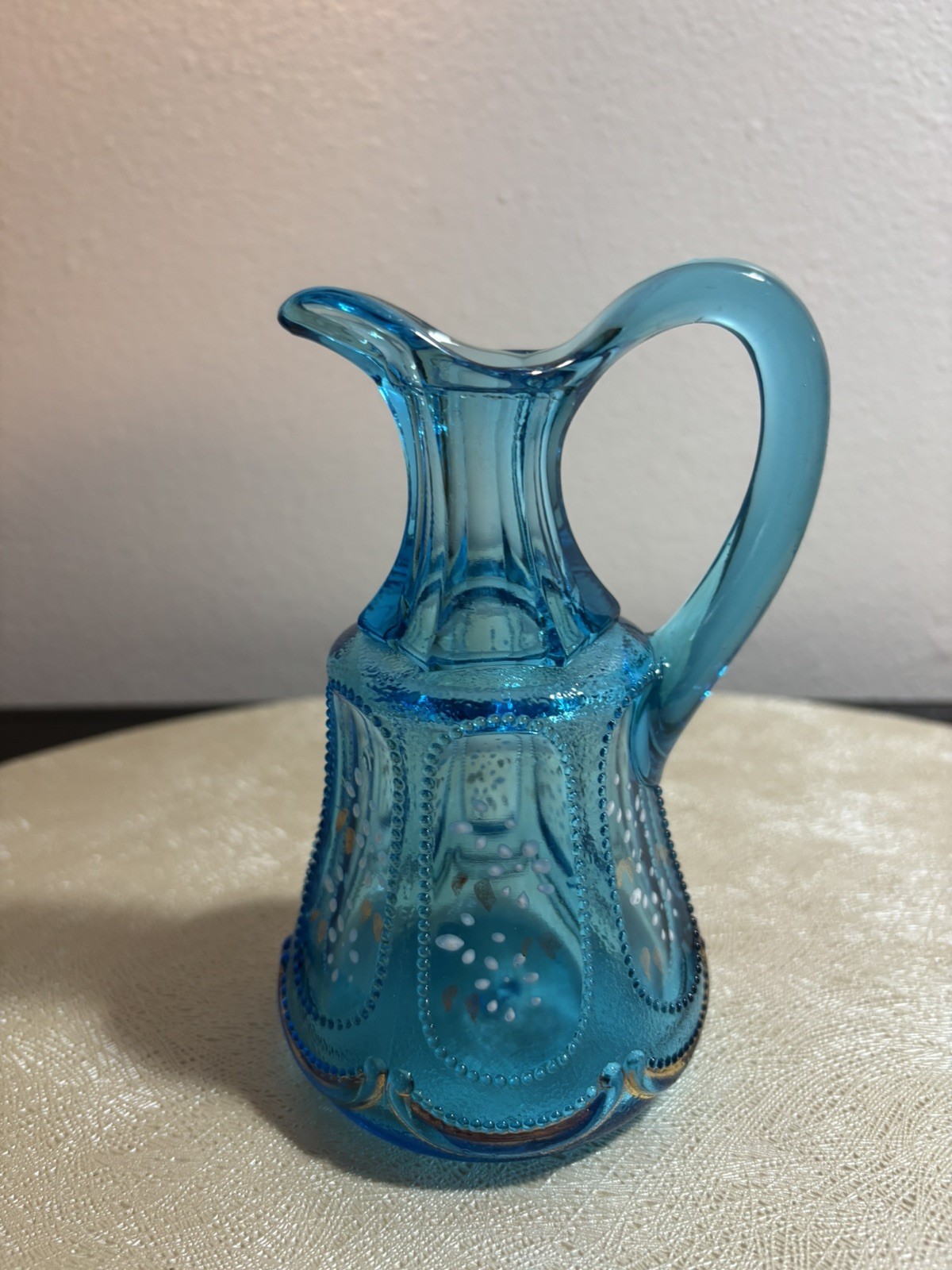 BEAUTIFUL CORNFLOWER BLUE COLORED GLASS HANDLED CRUET 1905 ERA hand painted