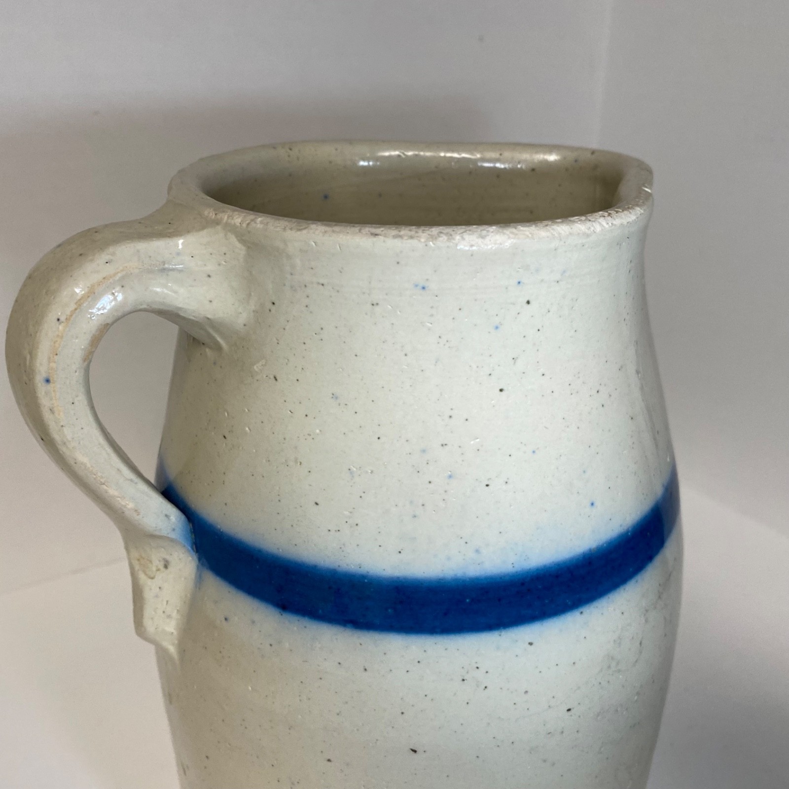 Vintage Primitive Salt Glazed Stoneware Pitcher 10″ Crock Blue Stripe