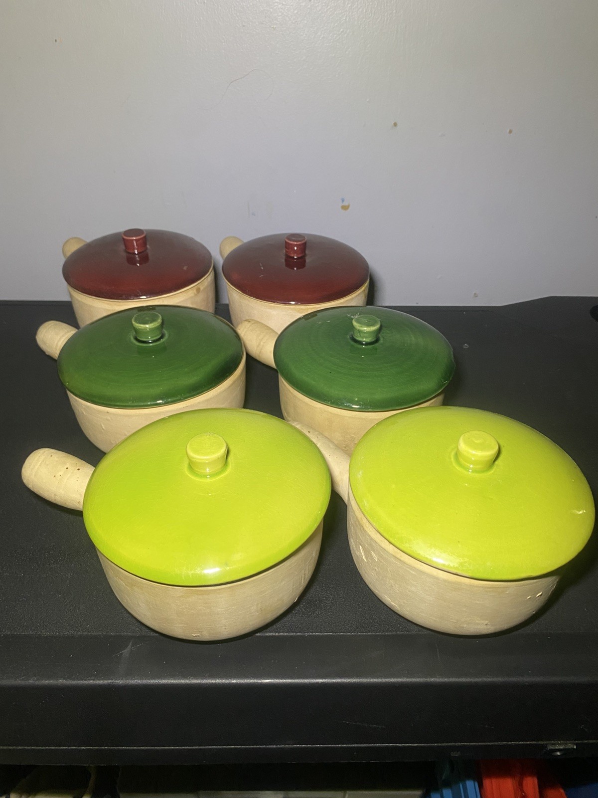 (6) Six La Solana Soup Pot Bowl with Handle and Lid Set Vintage USA pottery