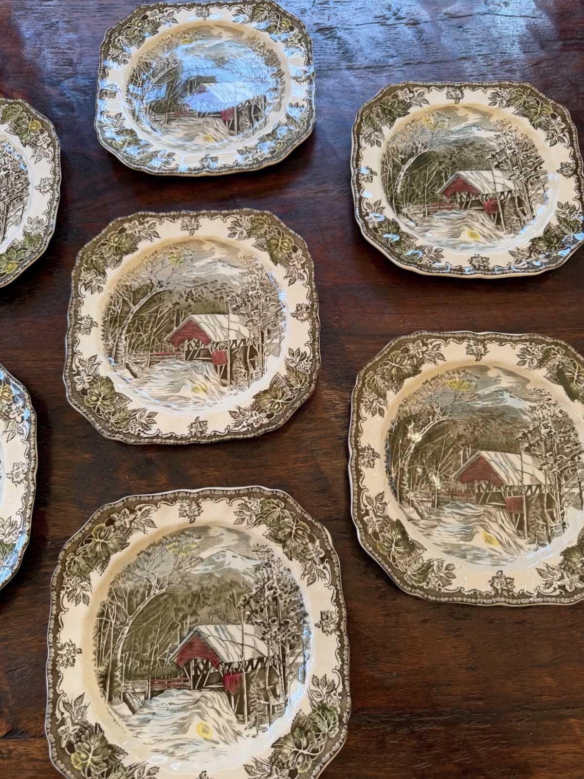 Lot Of 7 Johnson Bros The Friendly Village Square Salad Plates Covered Bridge