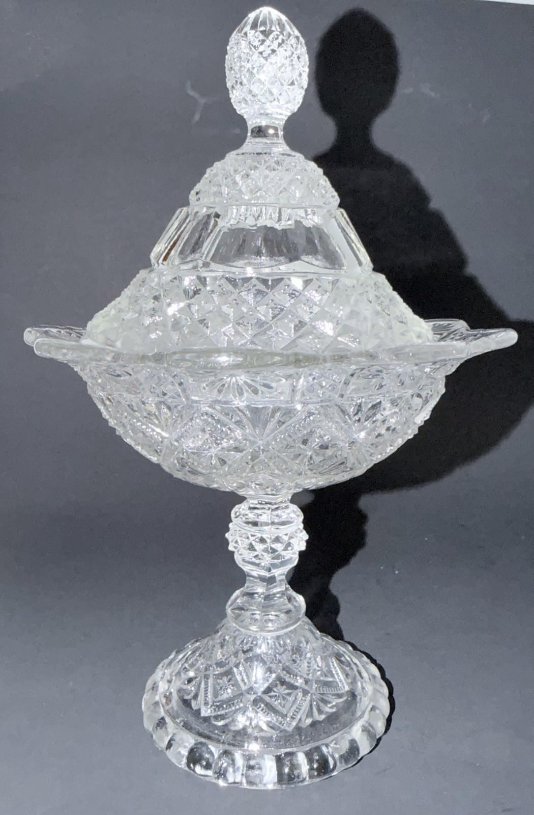 EAPG Clear Pressed Glass Covered Compote Diamond Fan Pineapple Finial UV365 Glow