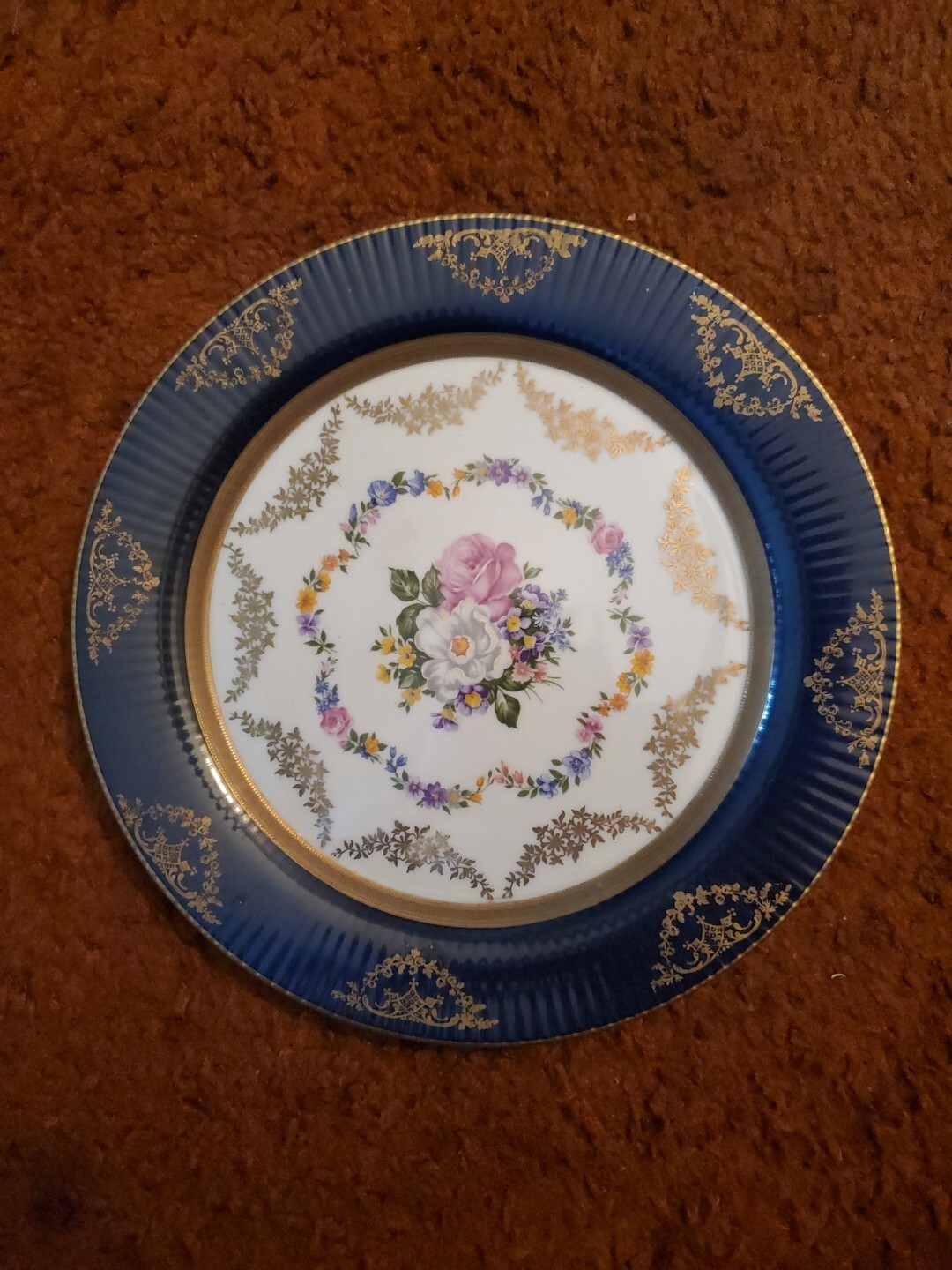 Rosenthal 10.25″ Dinner Plate Cobalt Blue Floral Laurels Roses Gold