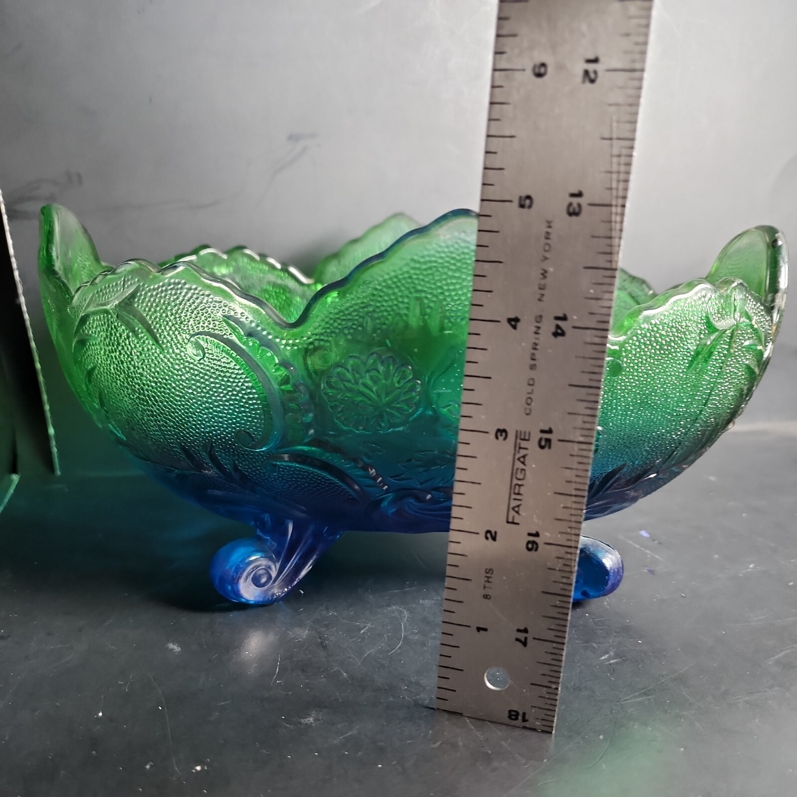 Vtg Jeanette Flashed Blue Green Lombardi Footed Fruit Bowl 10″ L x 5″ H x 7″ W