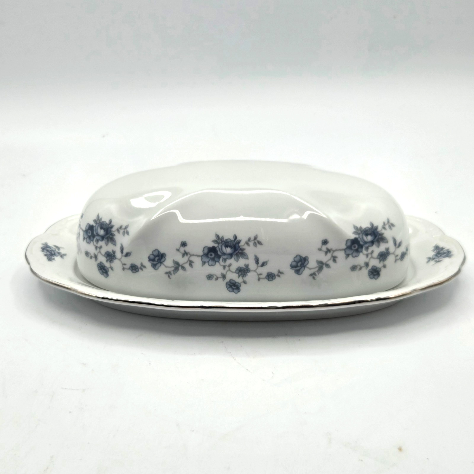 Johann Haviland Bavaria Germany Blue Garland BUTTER DISH Platinum Trim Vintage