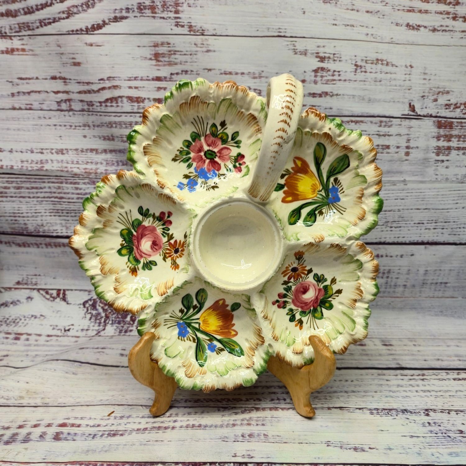 Vintage Ovington New York Italian Pottery Divided Relish Dish Handle bright art