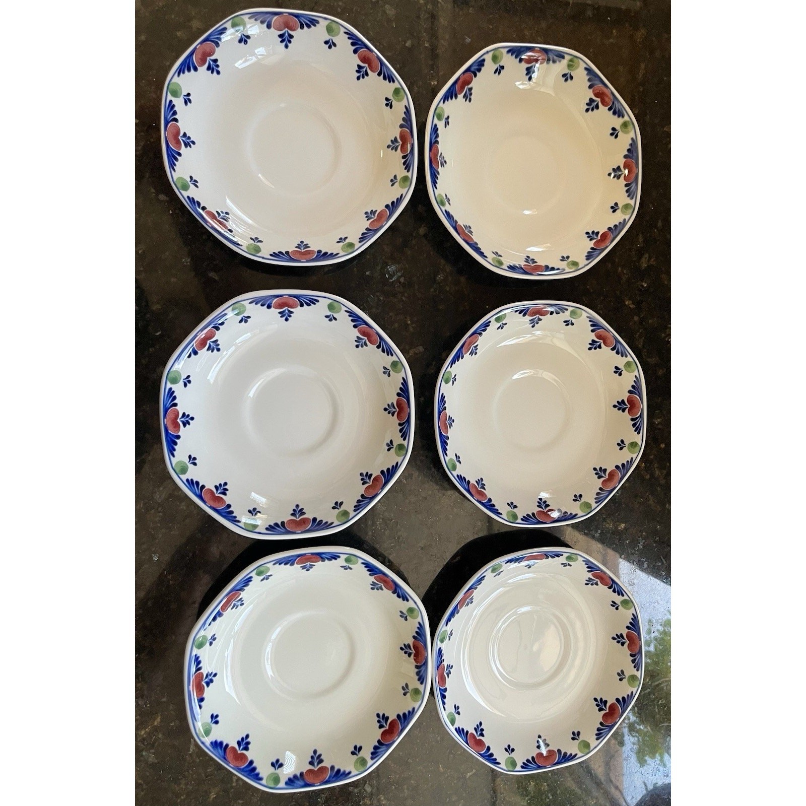 6 Adams Veruschka Saucers Ironstone Micratex England Vintage Blue Red Floral Set