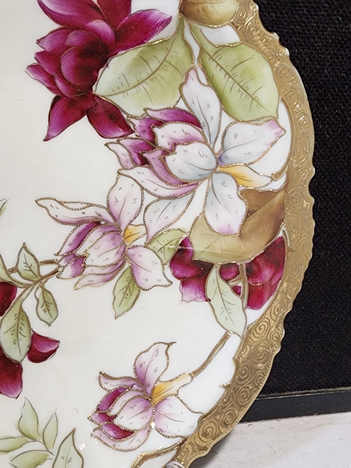 Antique Nippon 12.5” Wall Plate Charger Hand Painted Purple Floral Flowers Gold
