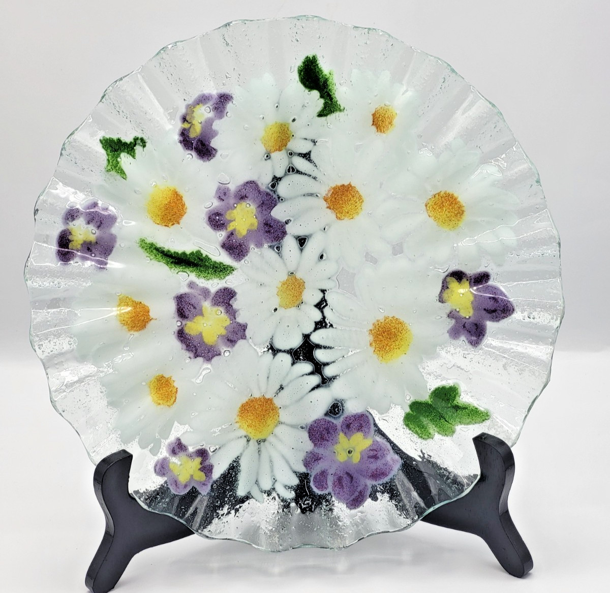 Folio Signed Fused Art Glass Plate Daisy & Pansy 10.25″ Ruffled Edge Hand Made