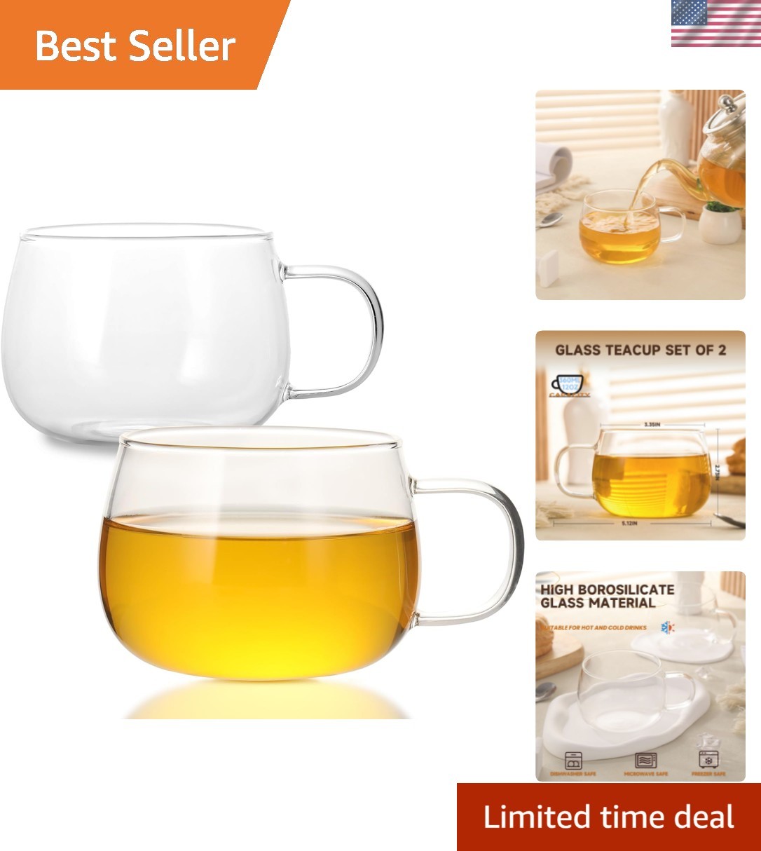 Glass Tea Cups Set of 2, Clear Borosilicate Glass Teacups with Handle for Tea…