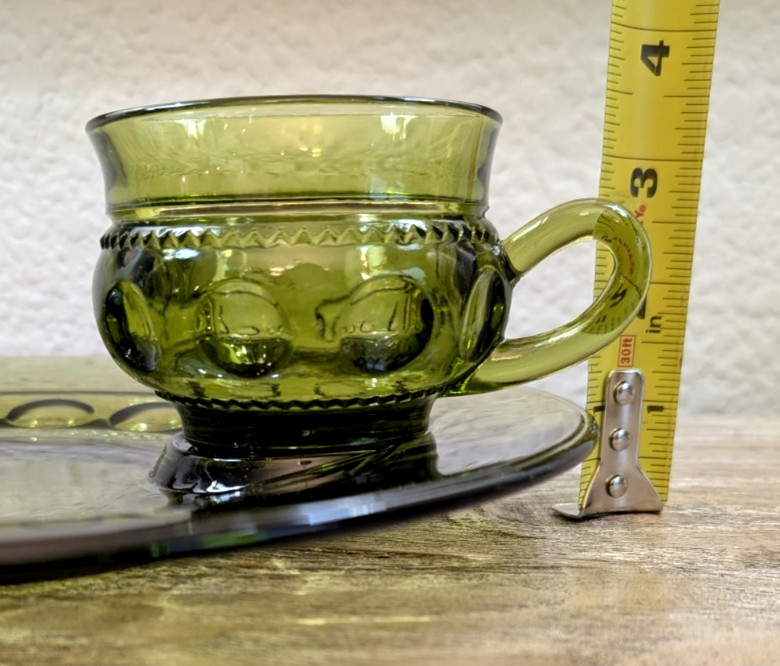 Vintage Olive Green Glass Snack Set Plates Cups Thumbprint Luncheon Set of 3