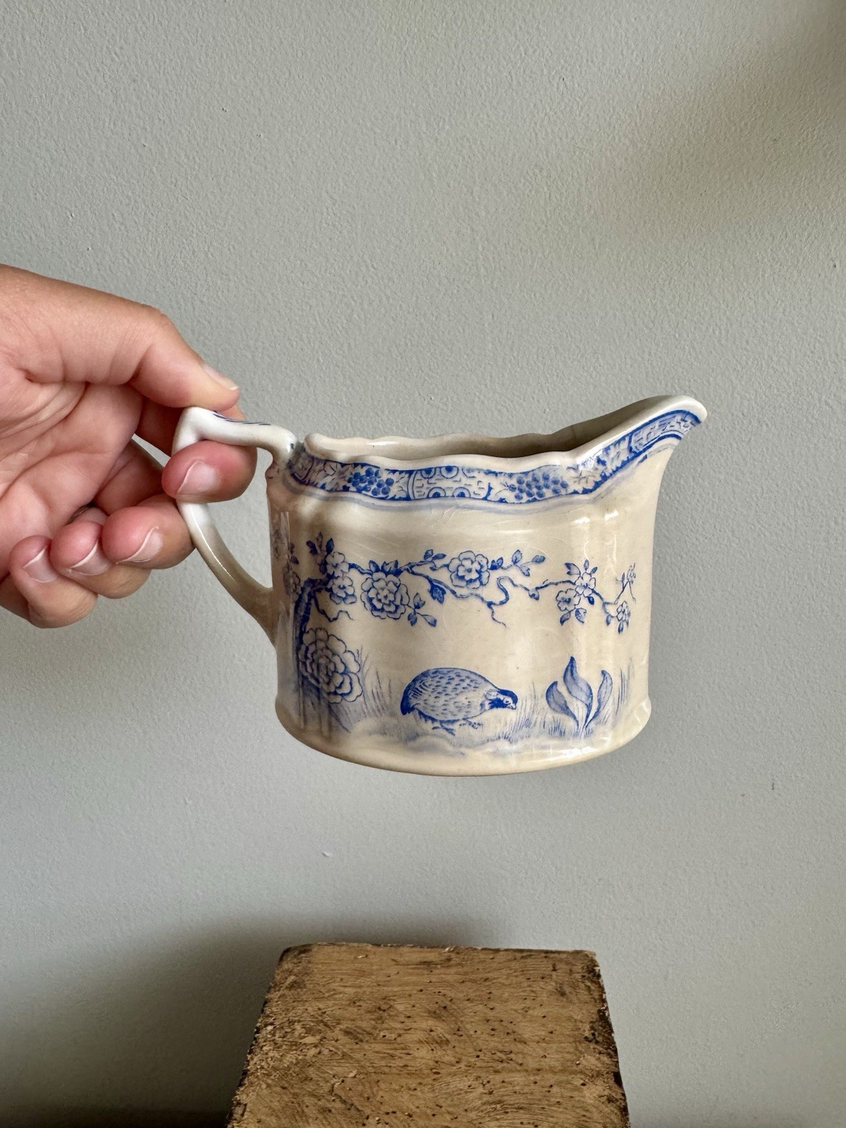 TOASTY Antique Furnivals Quail Blue & White Creamer Transferware Made in England