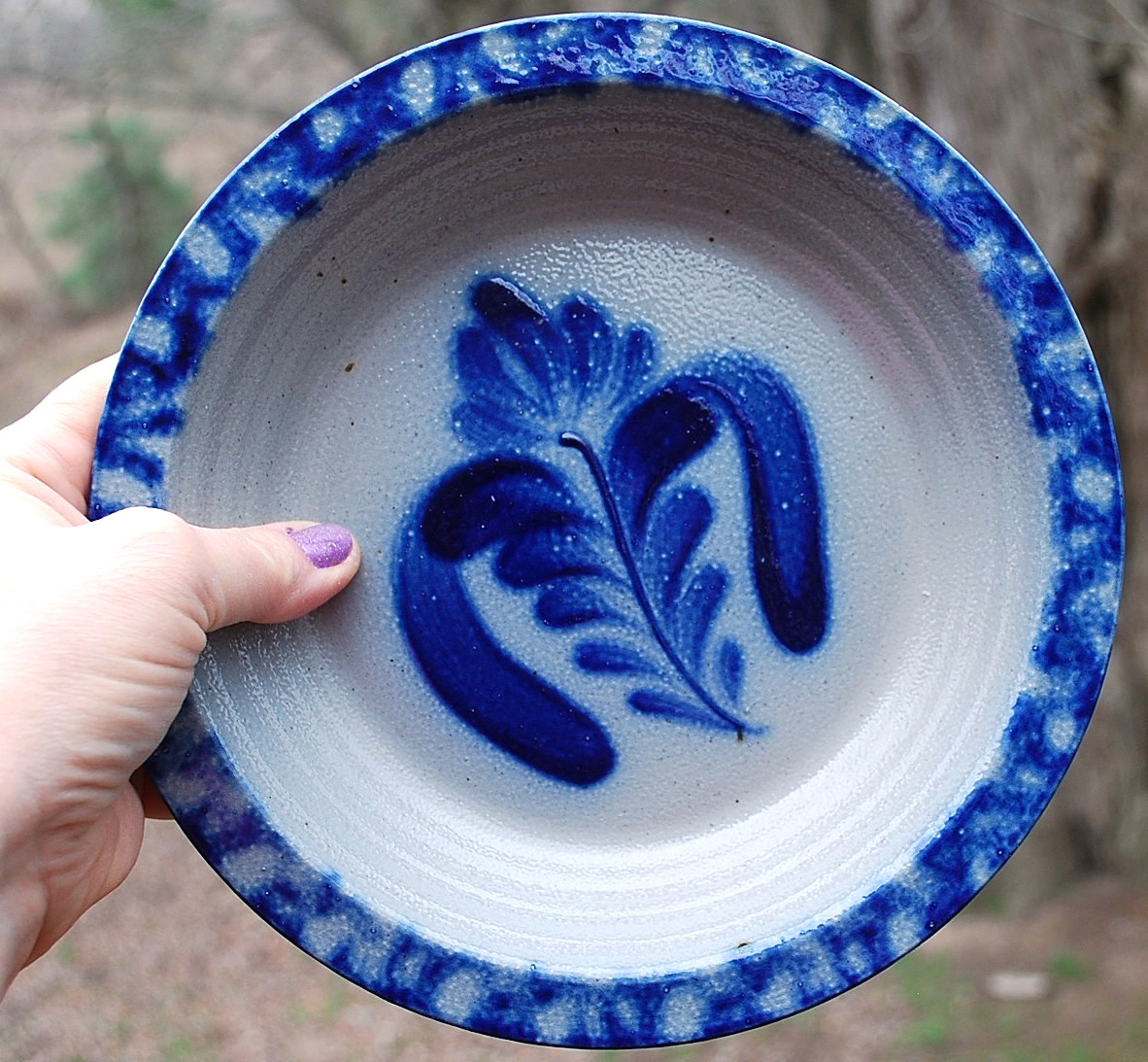 Vtg Studio Handcrafted FOLK ART Pottery Dish/Plate BLUE SALT GLAZE Signed Dated