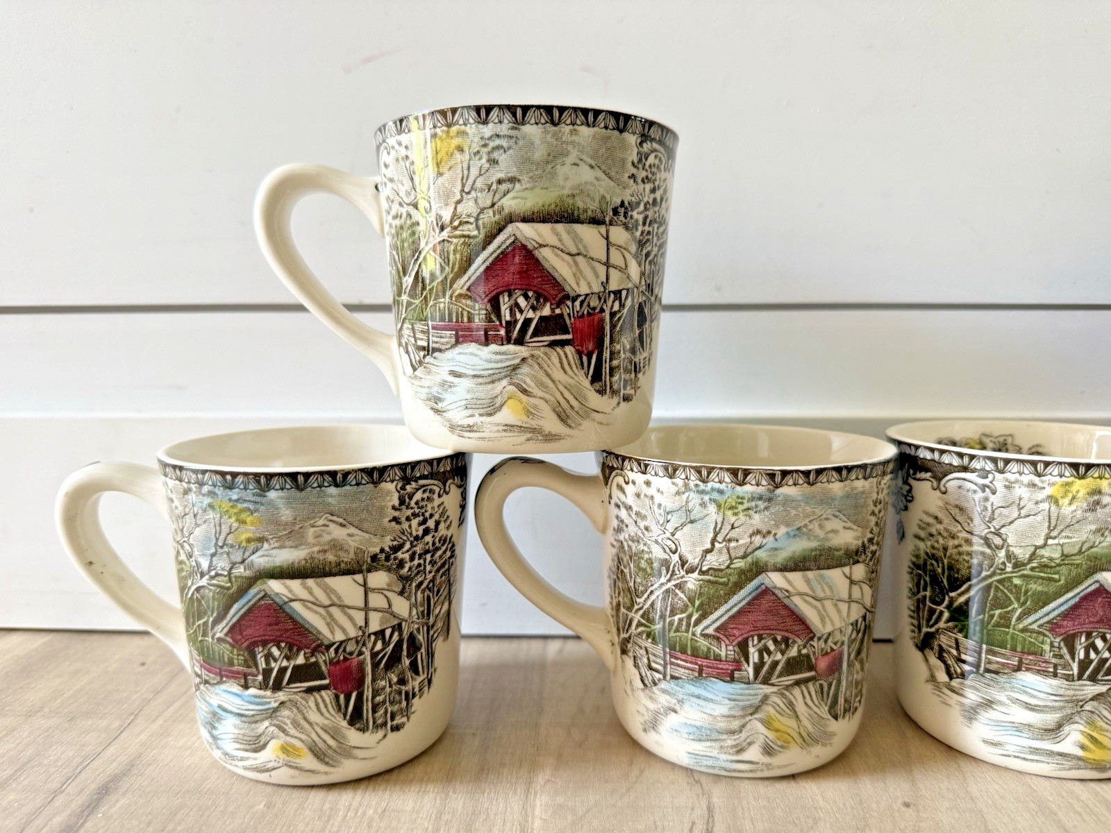 The Friendly Village Johnson Brothers Mugs England Covered Bridge Set Lot of 6