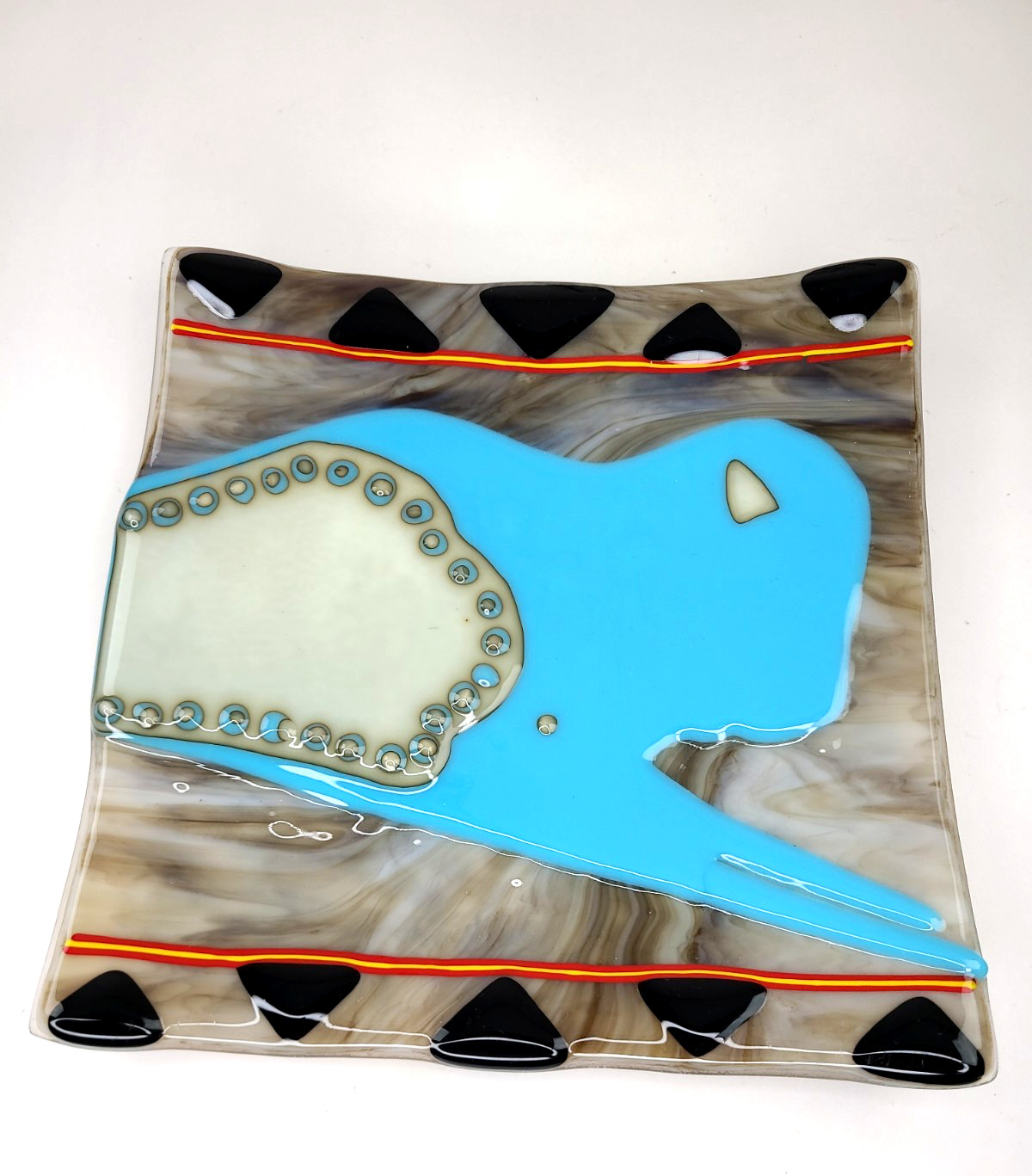 Handmade Fused Art Glass Square Decorative Plate Blue Southwest Buffalo abstract
