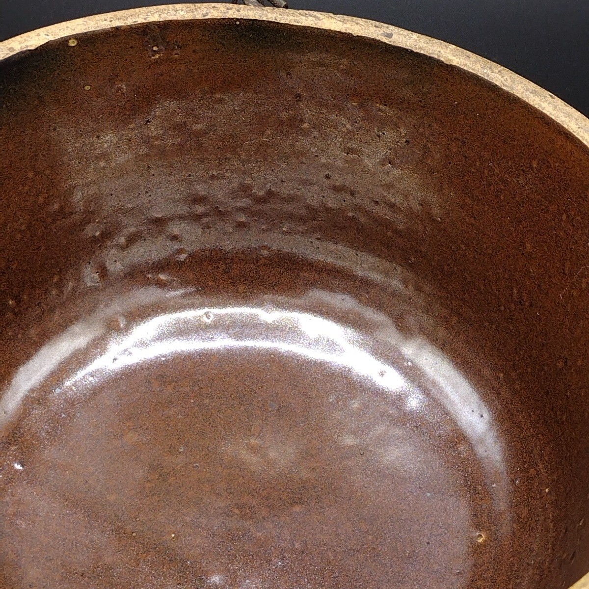 Antique Stoneware Salt Glaze8¾” Crock Mixing Bowl Wire Handle Metal Bottom Brown