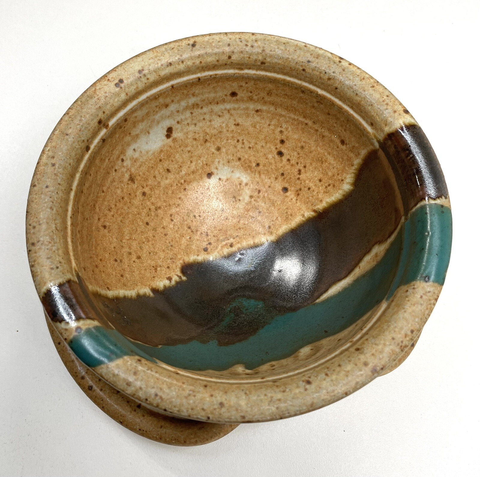 Vintage Drip Glaze Pottery Bowl with Attached Plate Signed